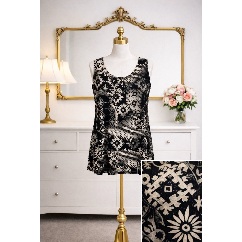 Chico's Travelers Cami Tank Top Slinky Stretch Knit‎ Black Tan Print Size 3 XL